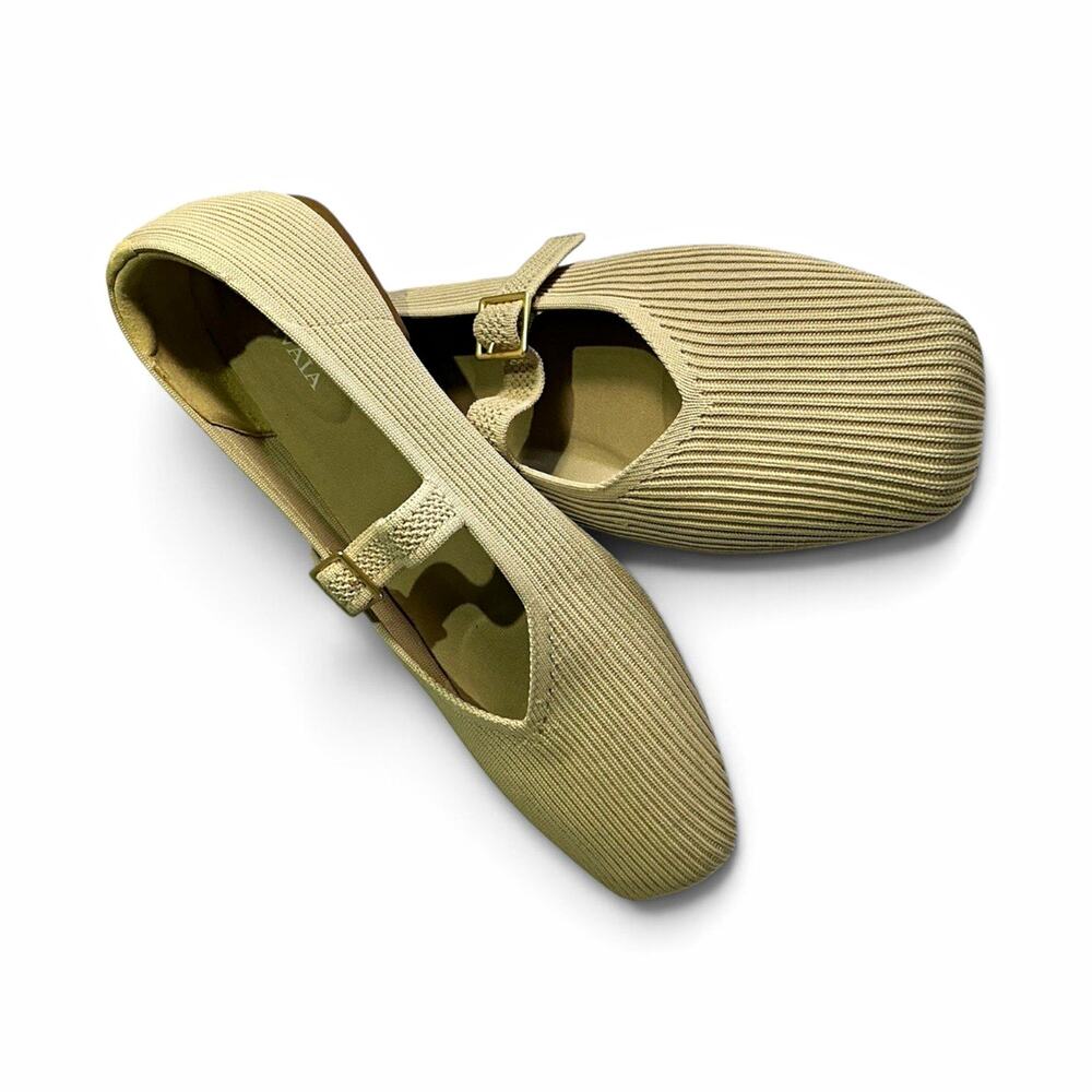 VIVAIA Women’s Mary Jane Flats Beige Knit Square Toe Buckle Strap EU 39